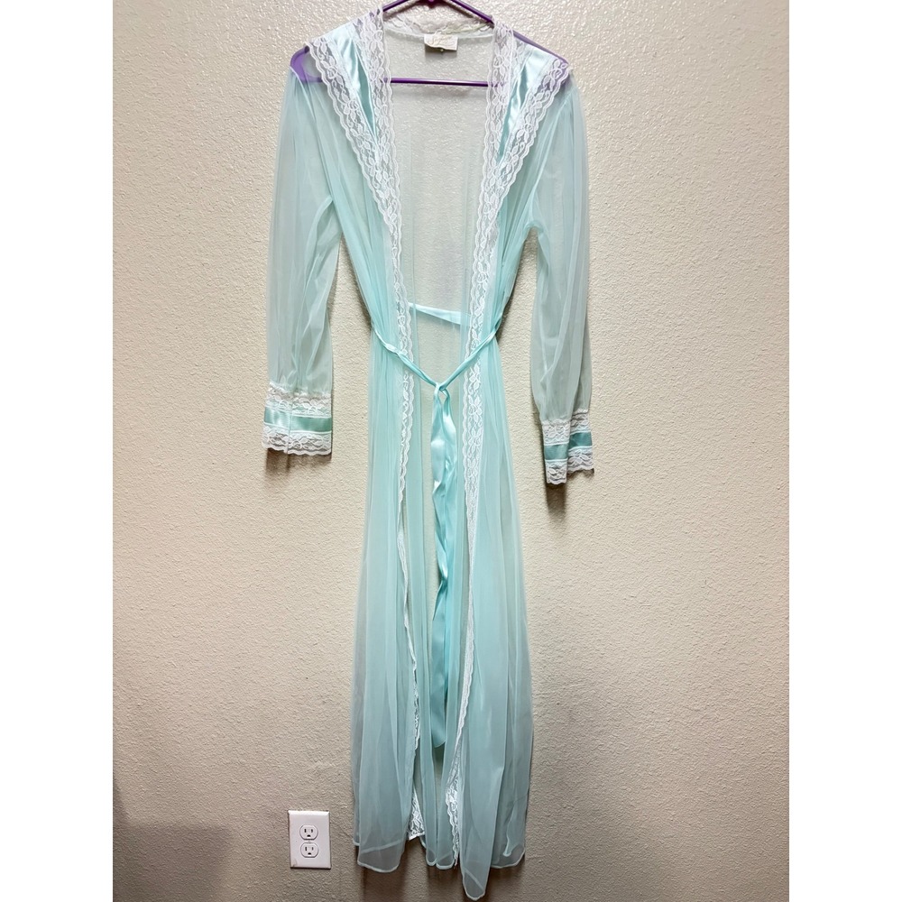Vintage Shannon Lee New York Babydoll Aqua Blue Sheer Lace Trim Robe Gown Large